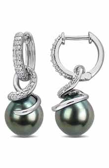 DELMAR 8-8.5mm Cultured Tahitian Pearl & Diamond Drop Earrings