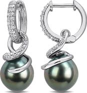 DELMAR 8-8.5mm Cultured Tahitian Pearl & Diamond Drop Earrings