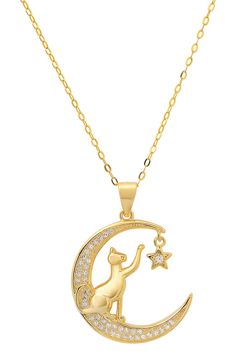 Cubic Zirconia Cat, Moon & Star Pendant Necklace, Main, color, GOLD