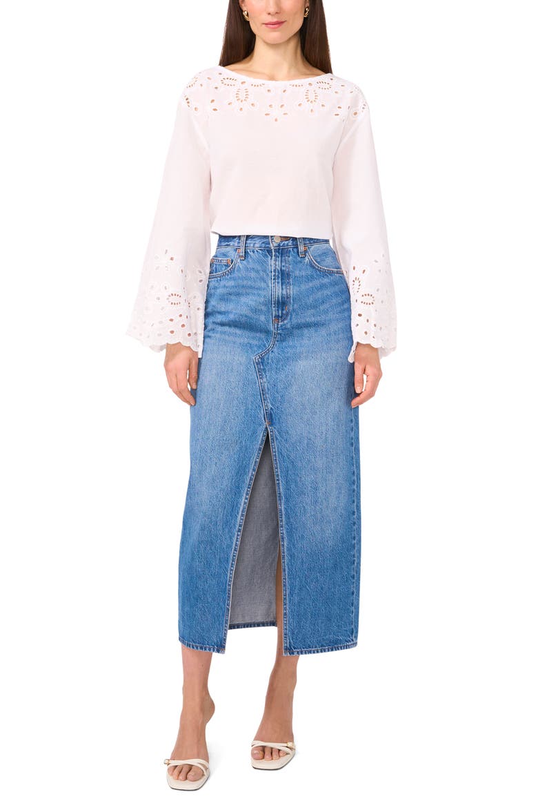 Embroidered Eyelet Bell Sleeve Cotton Top, Alternate, color, ULTRA WHITE