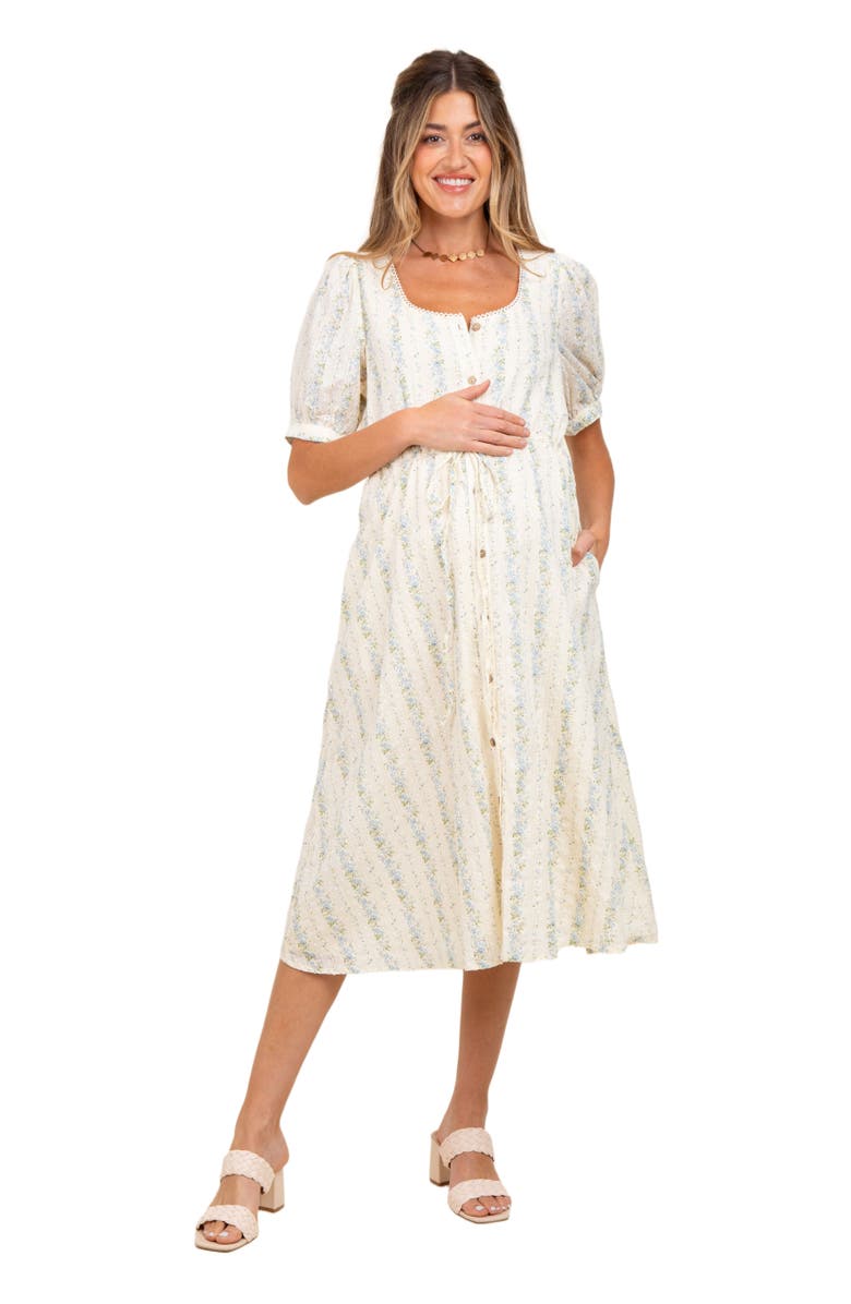 PinkBlush Swiss Dot Floral Print Button Down Midi Dress, Main, color, Light Blue