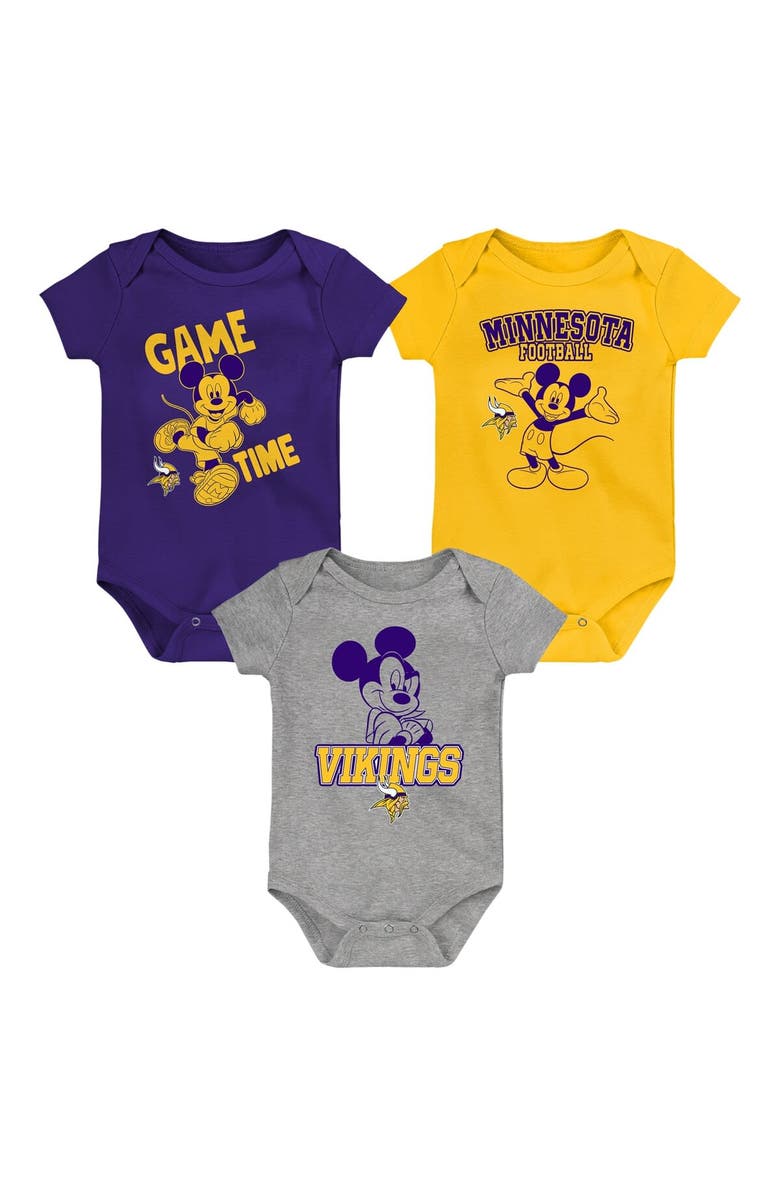 Outerstuff Newborn & Infant Purple/Gold/Gray Minnesota Vikings Three-Piece Disney Game Time Bodysuit Set, Main, color, 