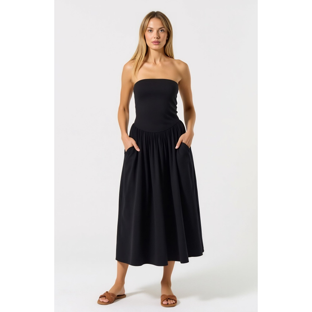 Modenaire Strapless Smocked Bodice Midi Dress With Flowy Skirt And Pockets