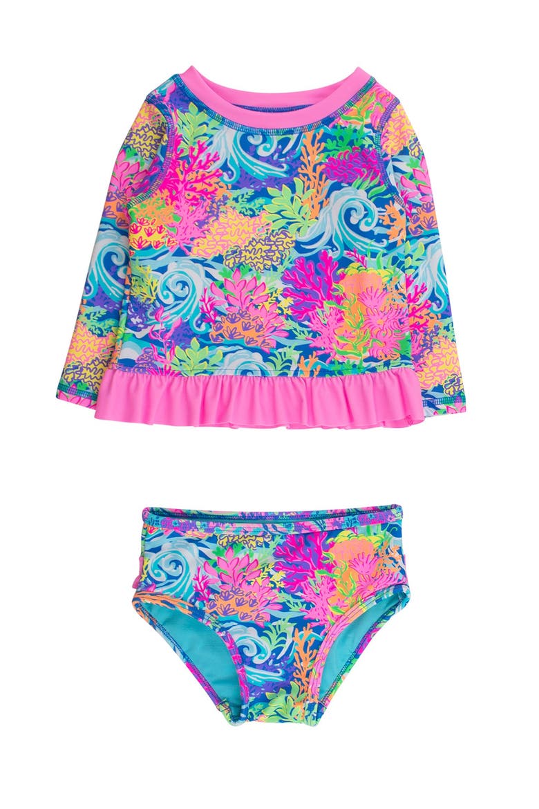 Toddler Girls UPF50+ Long Sleeve Rash Guard Bikini, Main, color, Neon Ocean Coral