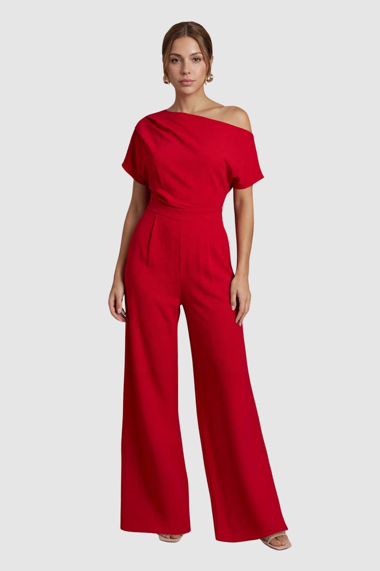 Petite Off Shoulder Jumpsuit, Main, color, Flame Red