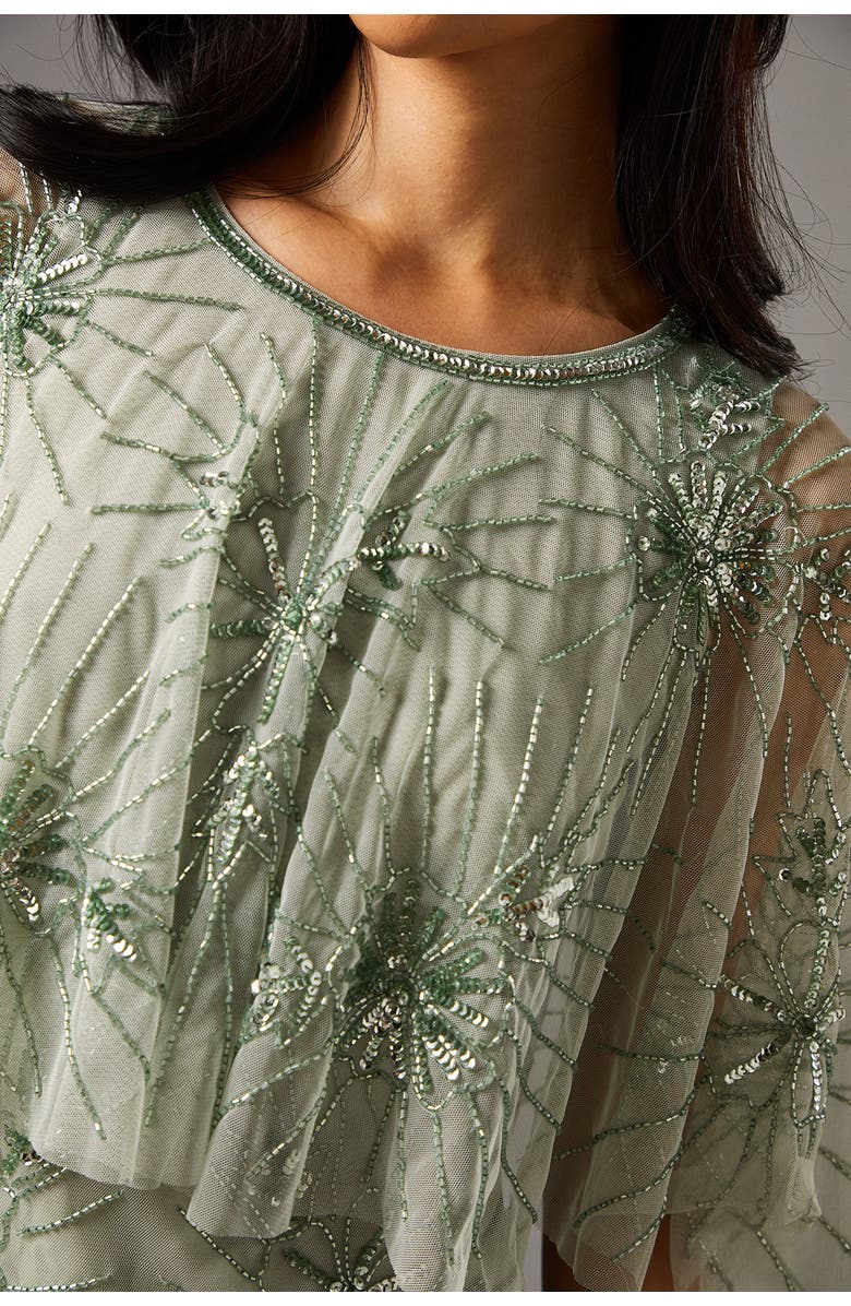 Coast Floral Embellished Cape Midi Dress, Alternate, color, Sage