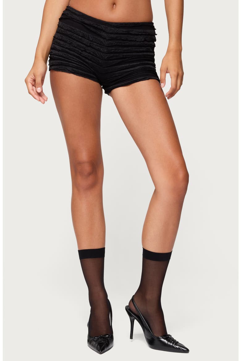 Tauri Tiered Ruffle Micro Shorts, Main, color, BLACK