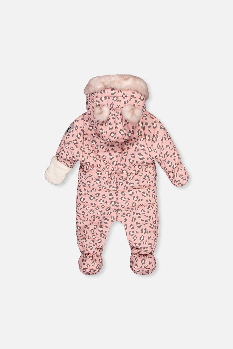 Car Seat Leopard Paw Fleece Neckwarmer One Piece Snowsuit, Alternate, color, Rose Leopard Print