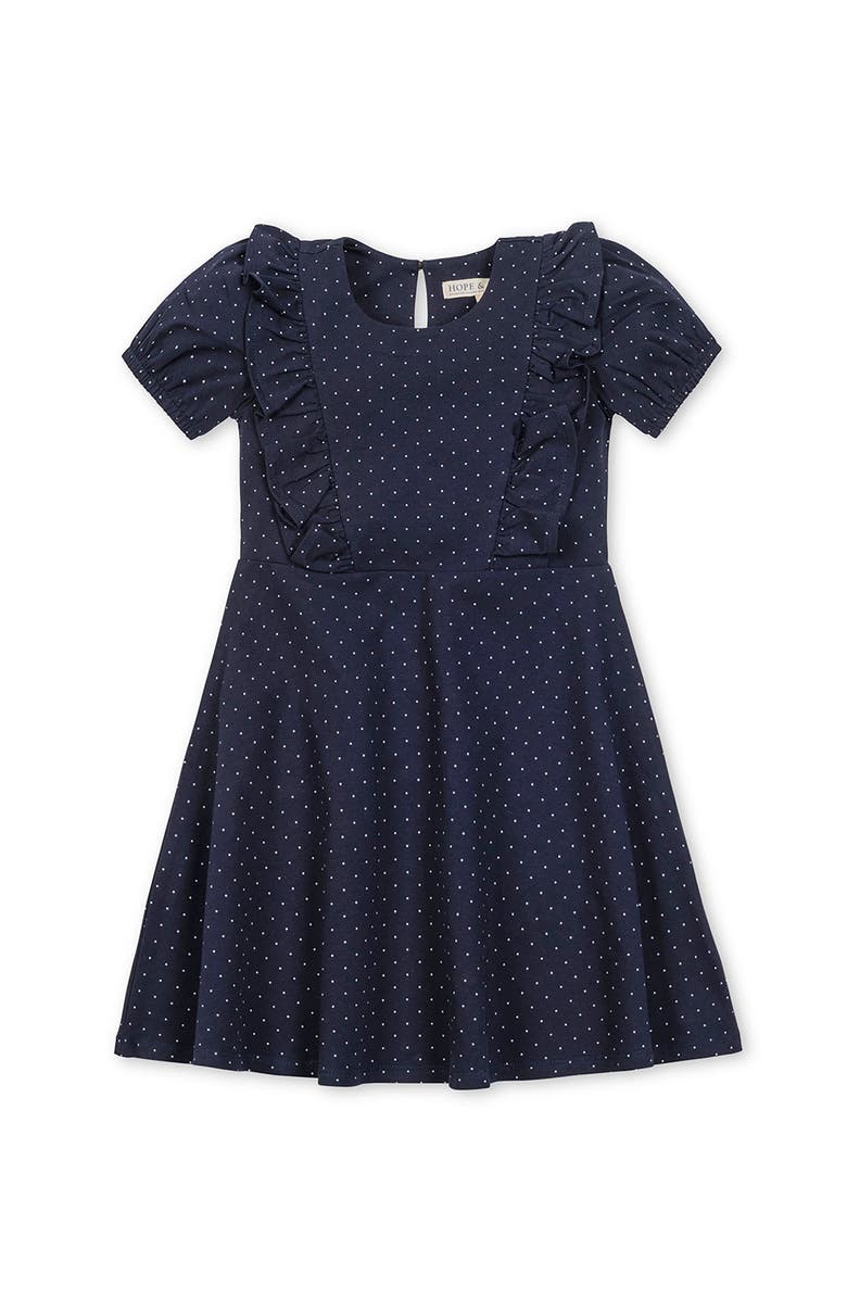 Hope & Henry Kids' Organic Short Sleeve Knit Ruffle Dress, Main, color, Navy Pindot