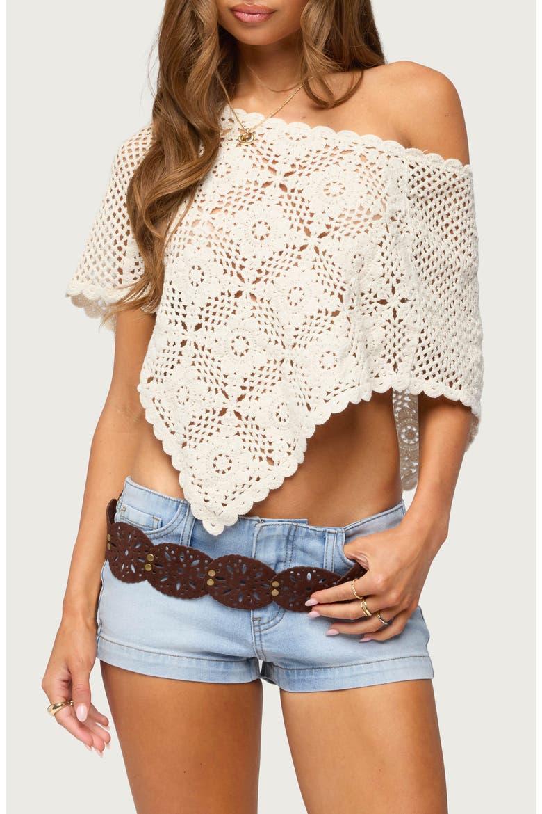 Lilianna Scallop Trim Cotton Crochet Poncho, Main, color, CREAM