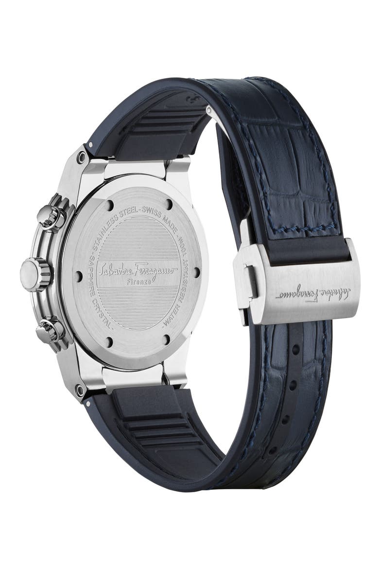 Salvatore Ferragamo F80 Chronograph Leather Strap Watch, 44mm, Alternate, color, NAVY/ SILVER