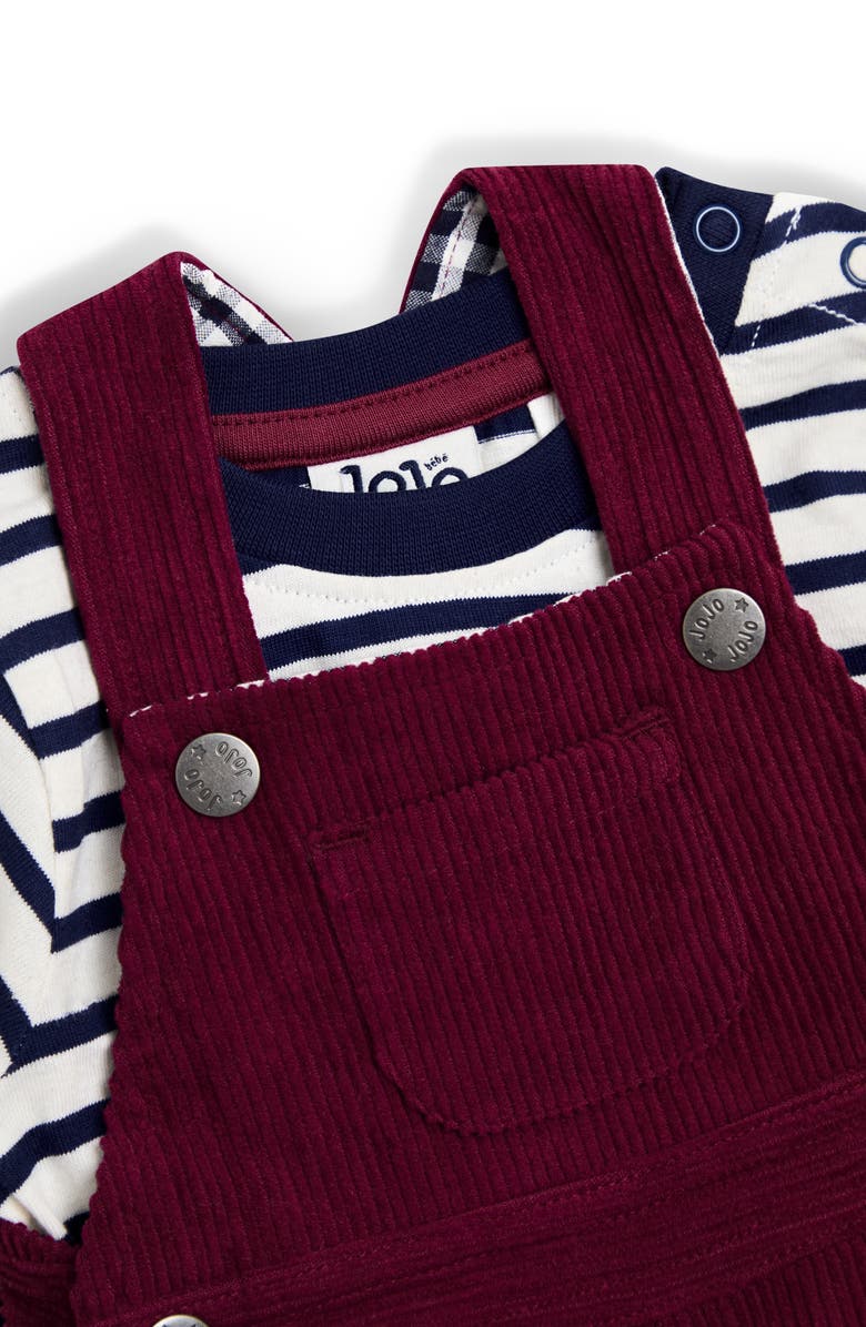 JOJO MAMAN BEBE Stripe Long Sleeve Cotton T-Shirt & Corduroy Overalls Set, Alternate, color, Burgundy