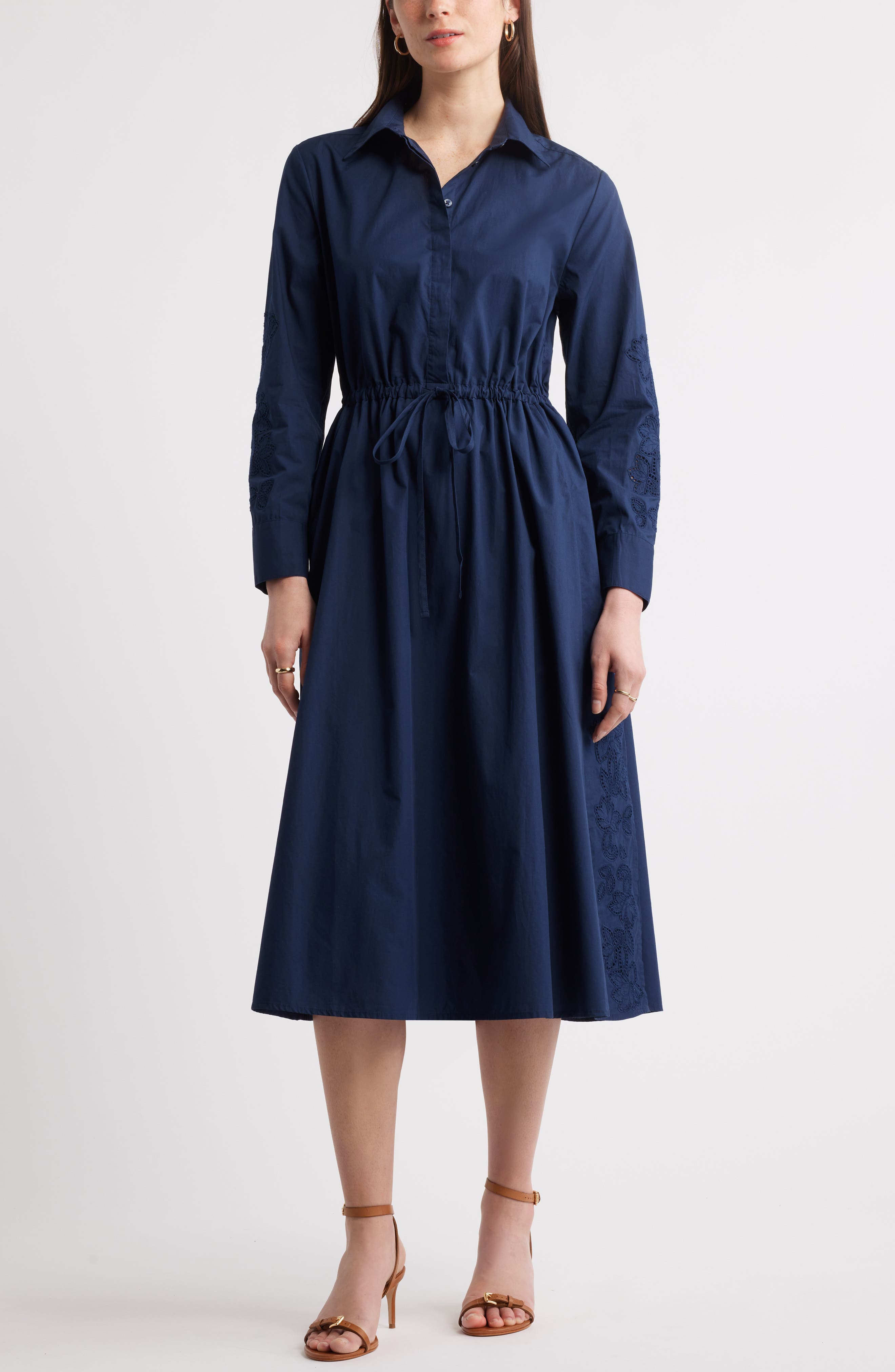 Caslon® Eyelet Detail Long Sleeve Cotton Shirtdress
