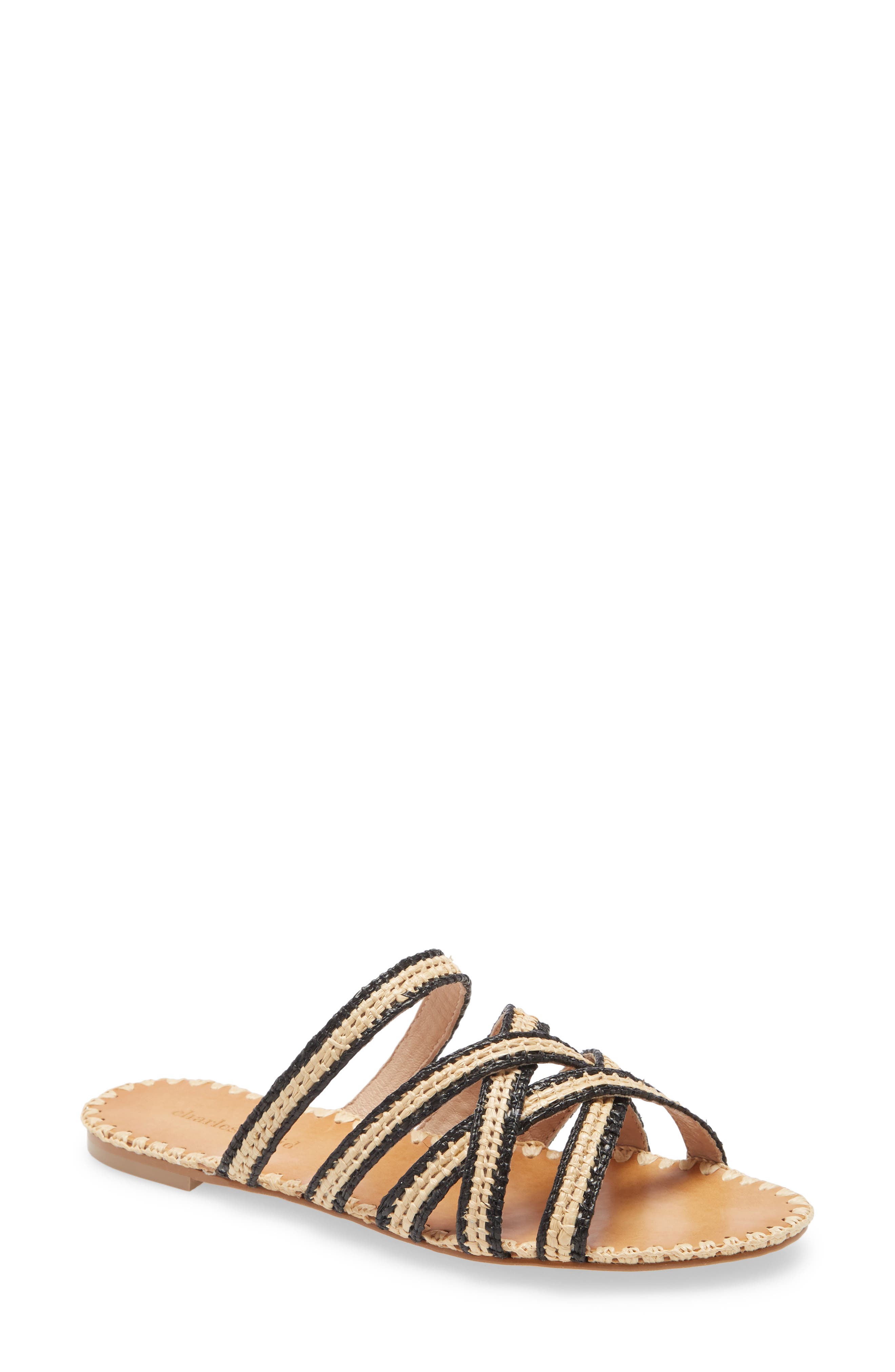 Stanza Slide Sandal, Main, color, NATURAL/ BLACK RAFFIA