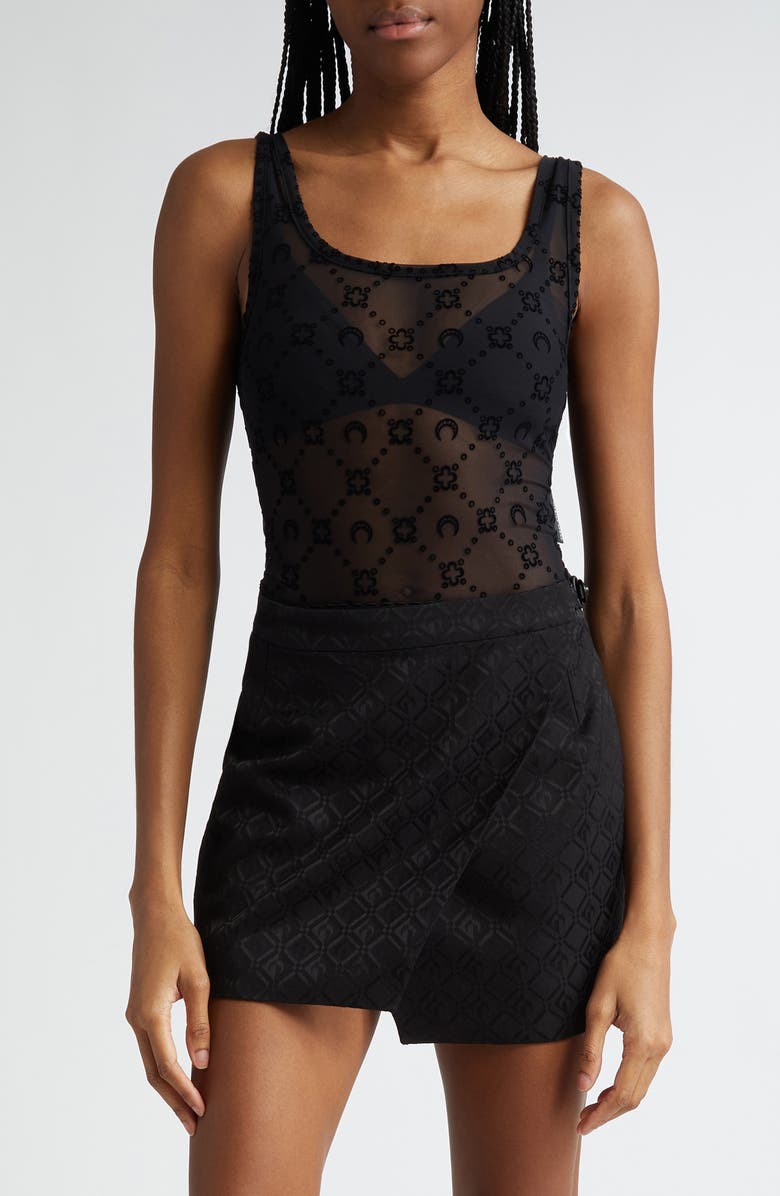 Marine Serre Moonogram Flocked Sheer Mesh Bodysuit, Main, color, 