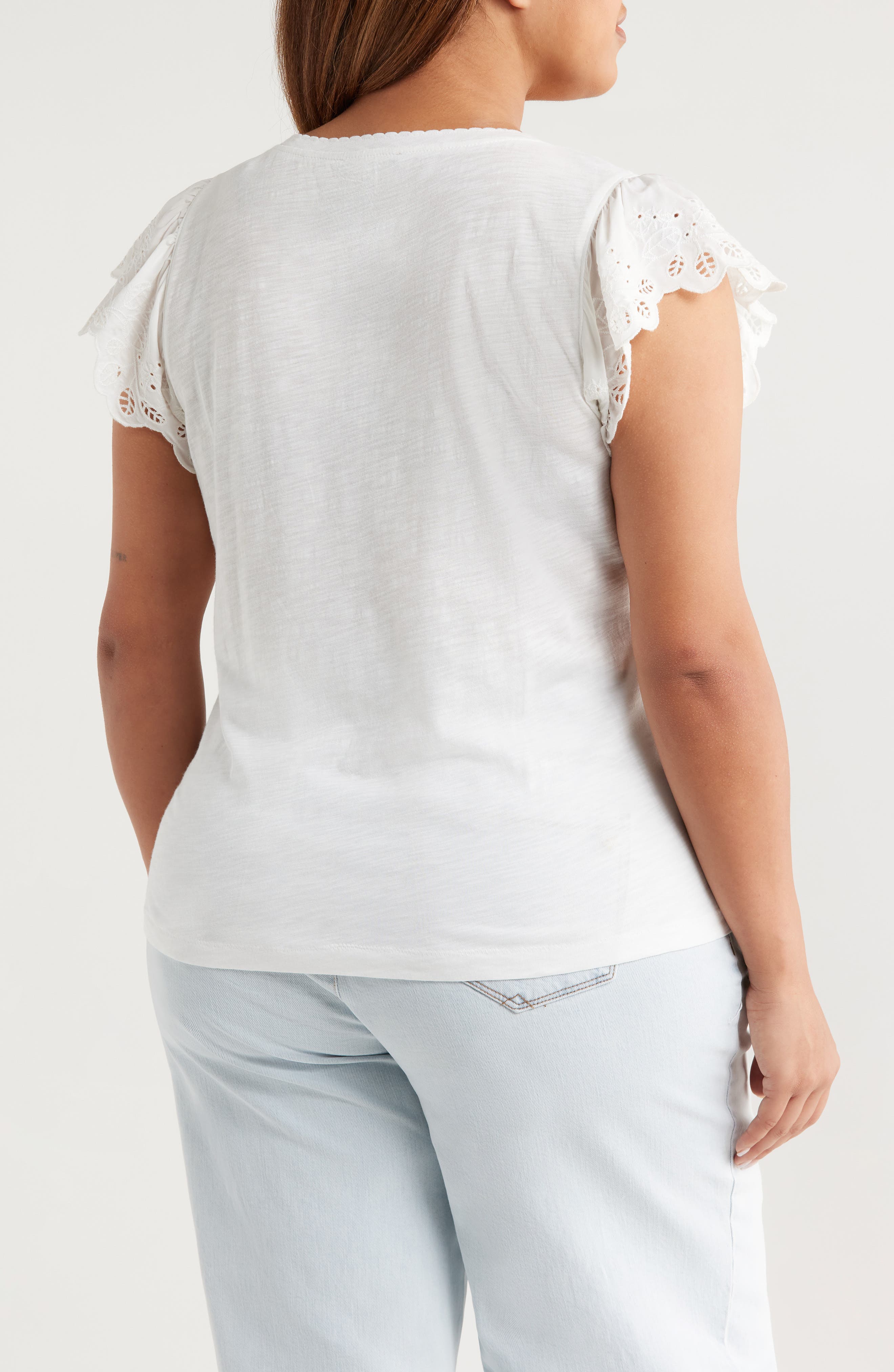 Eyelet Flutter Sleeve V-Neck T-Shirt - image 2
