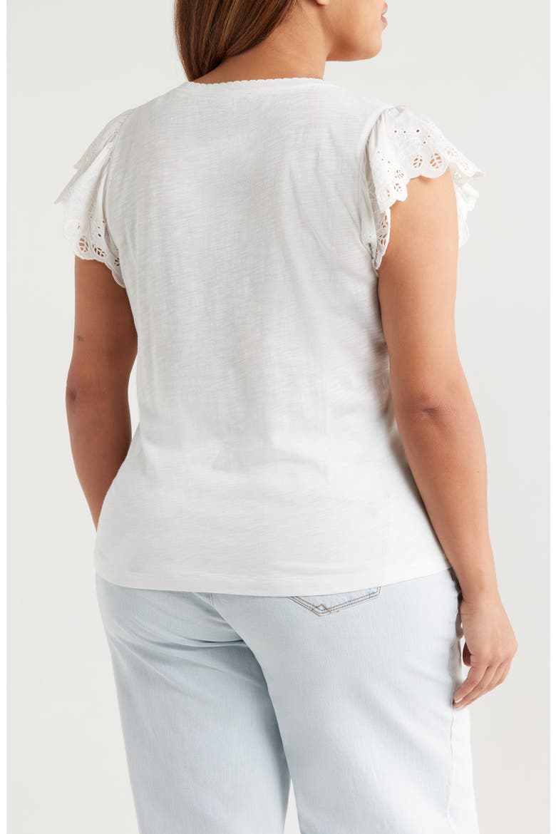 Eyelet Flutter Sleeve V-Neck T-Shirt, Alternate, color, WHITE
