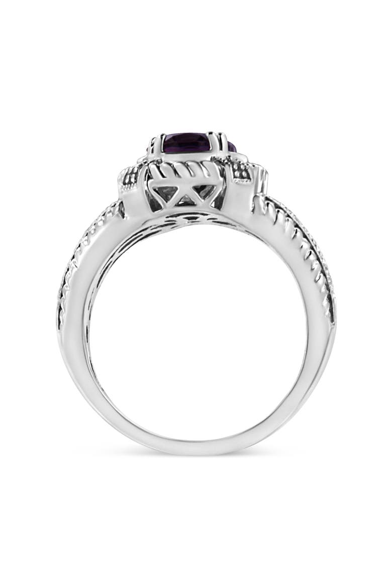Silver 9X7 Oval MM Purple Amethyst Solitaire and Diamond Accent Ring, Alternate, color, White