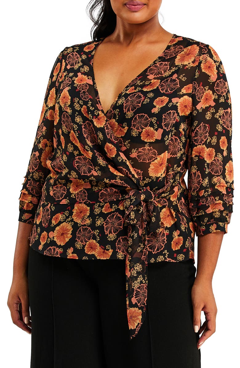 Estelle Golden Blooms Faux Wrap Blouse, Main, color, 