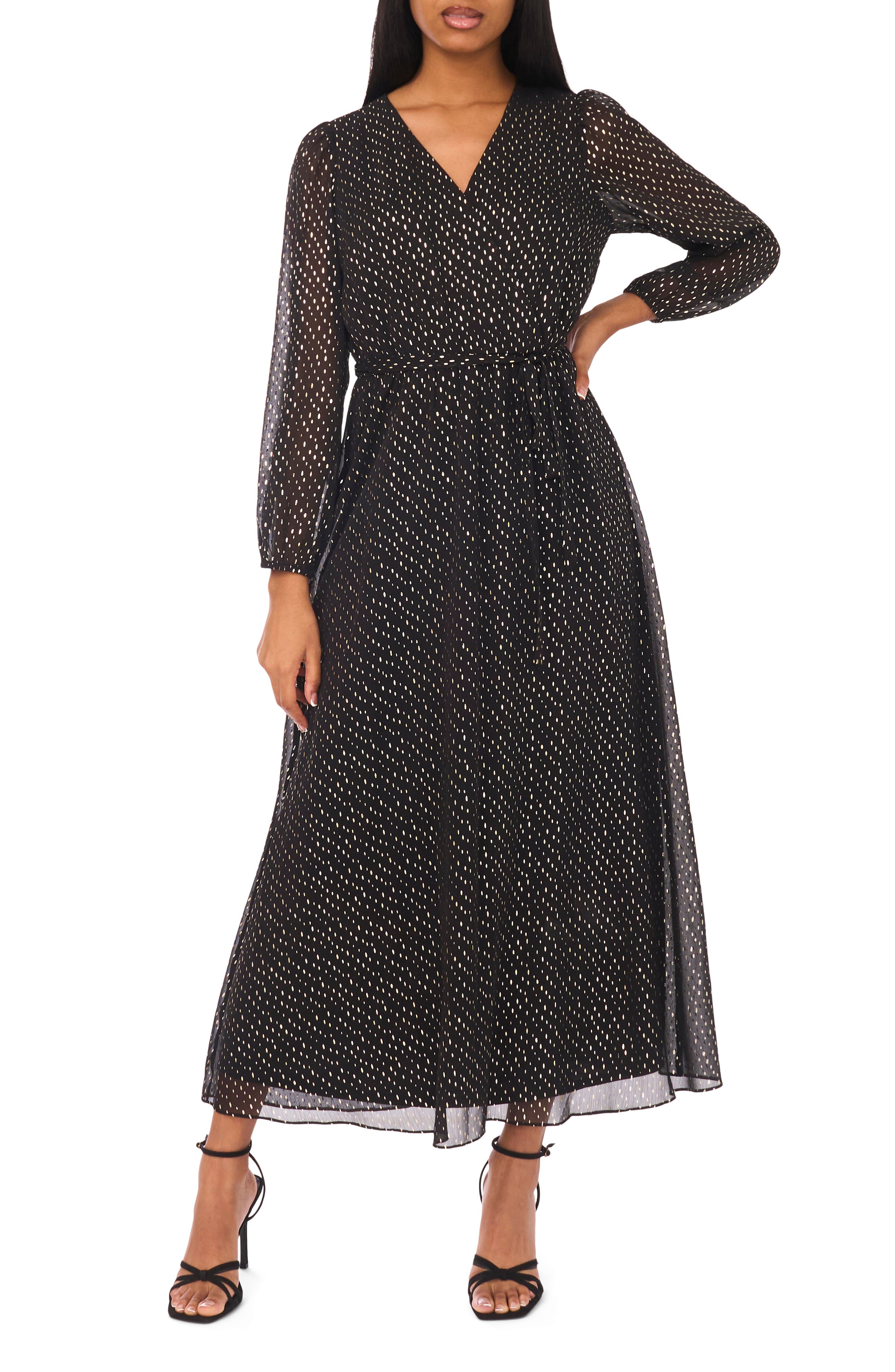 Halogen® Dot Long Sleeve Faux Wrap Maxi Dress