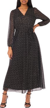 Halogen® Dot Long Sleeve Faux Wrap Maxi Dress