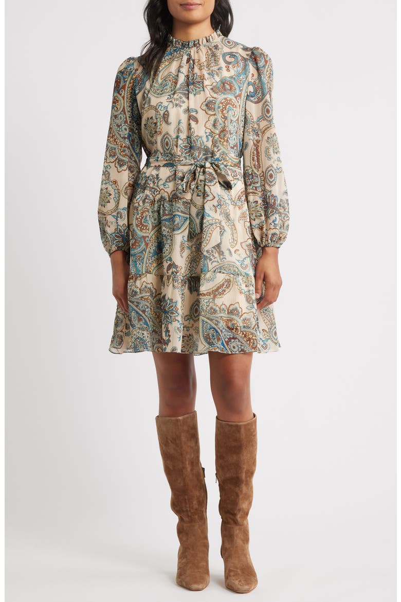 Long Sleeve Babydoll Dress, Main, color, TAN MULTI