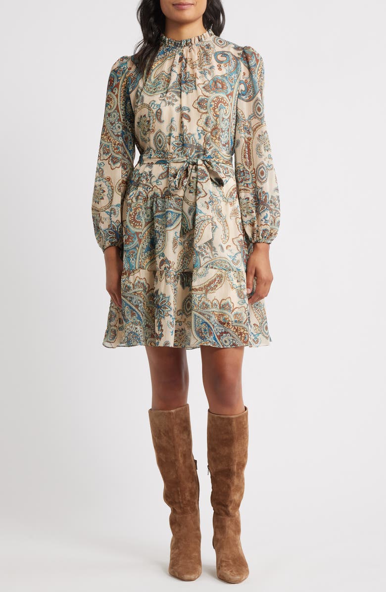 Julia Jordan Long Sleeve Babydoll Dress, Main, color, Tan Multi