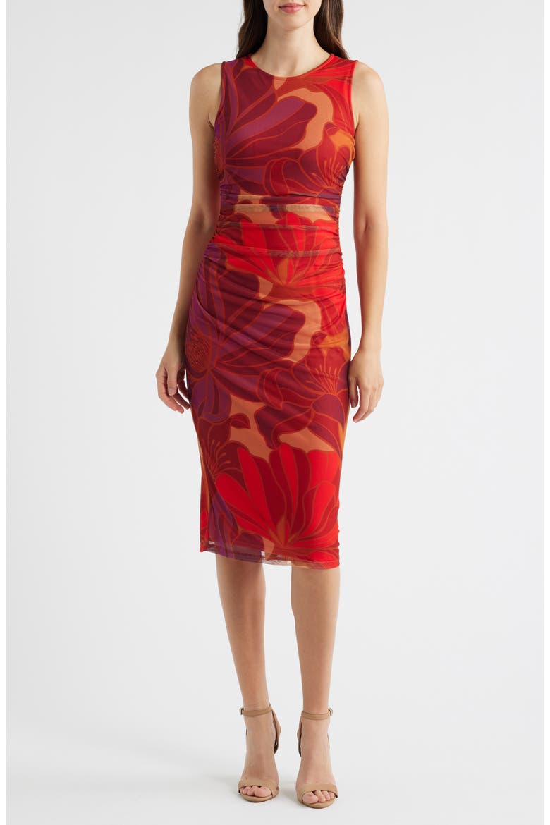 Floral Mesh Body-Con Midi Dress, Main, color, RED MULTI