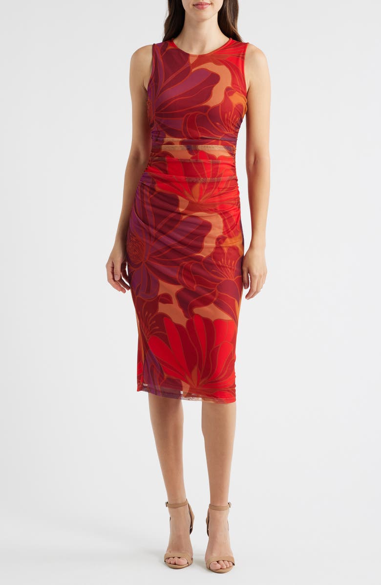Vince Camuto Floral Mesh Body-Con Midi Dress, Main, color, Red Multi