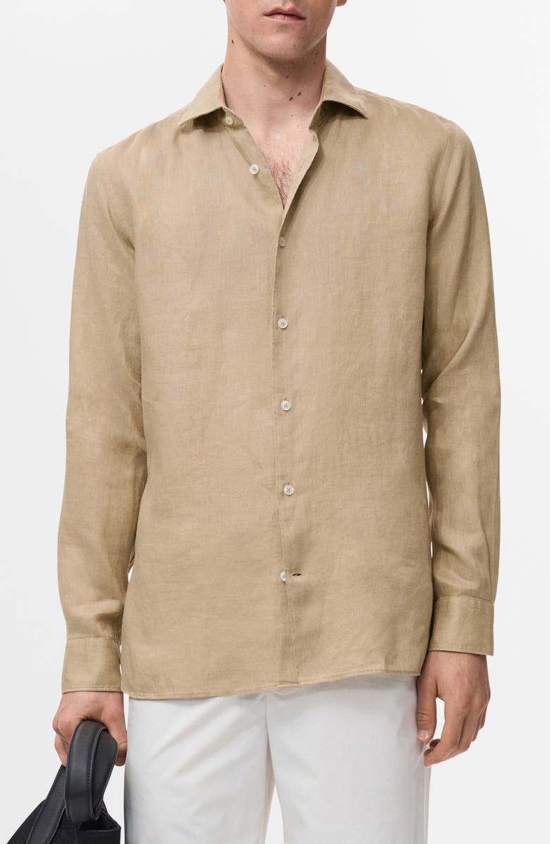 MANGO Slim Fit Linen Button-Up Shirt, Main, color, Beige
