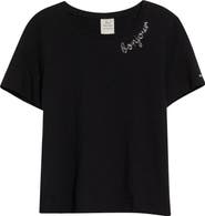 Cinq à Sept Rhinestone Bonjour Shrunken Cotton T-Shirt