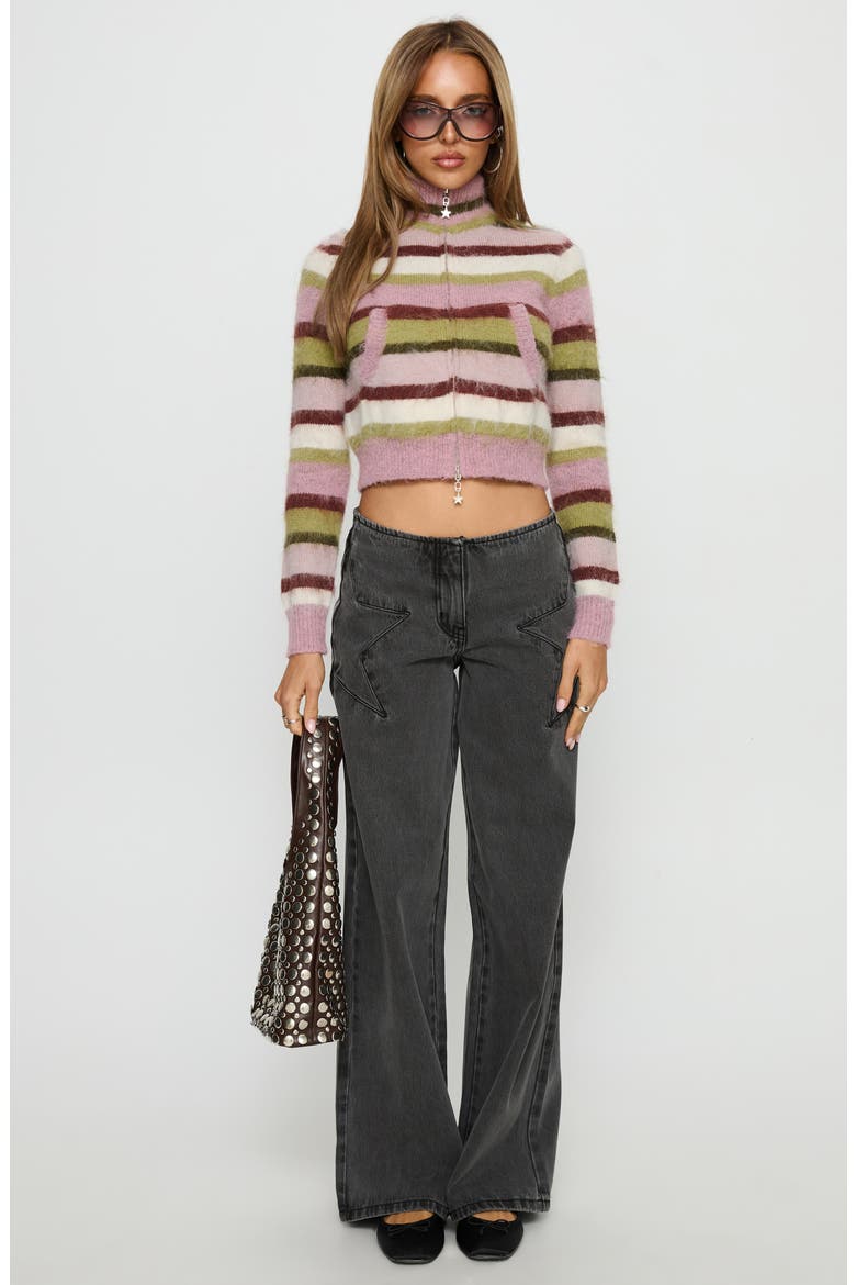 Keeve Mock Neck Front Zip Crop Sweater, Alternate, color, PINK / GREEN STRIPE