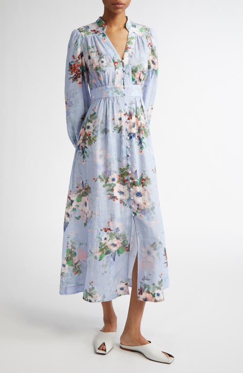 Zimmermann Everley Midi Light Blue Multicolor Dress In Light Blue Watercolour Floral