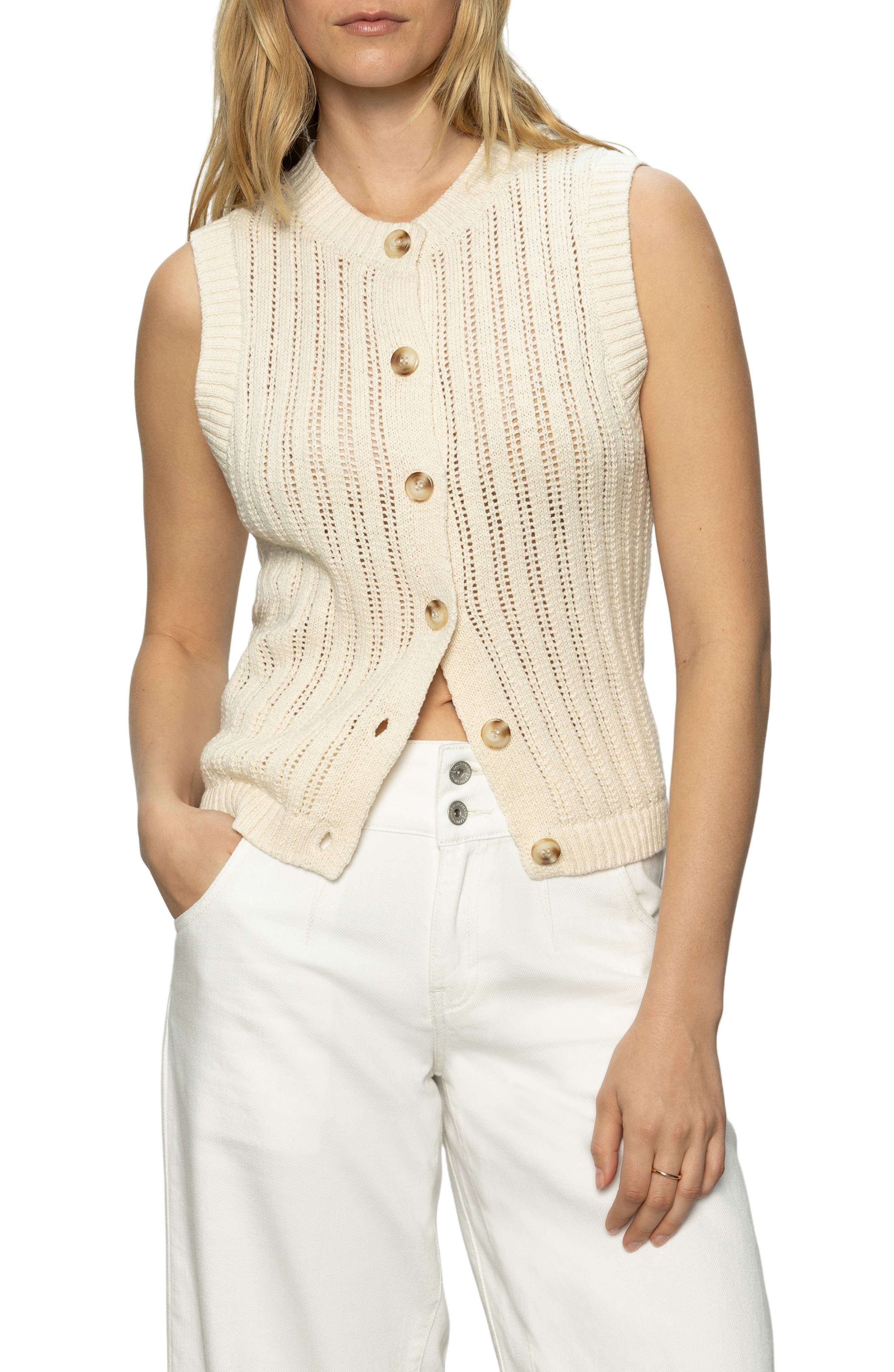 Sanctuary Pointelle Stitch Cotton Button-Up Sweater Vest
