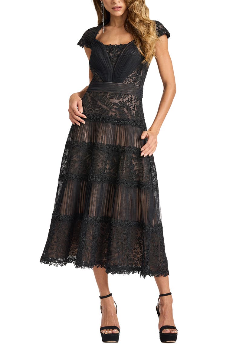 Pintuck Pleat Embroidery Detail Cocktail Midi Dress, Main, color, BLACK/ BEIGE