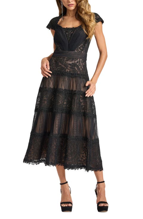 Pintuck Pleat Embroidery Detail Cocktail Midi Dress