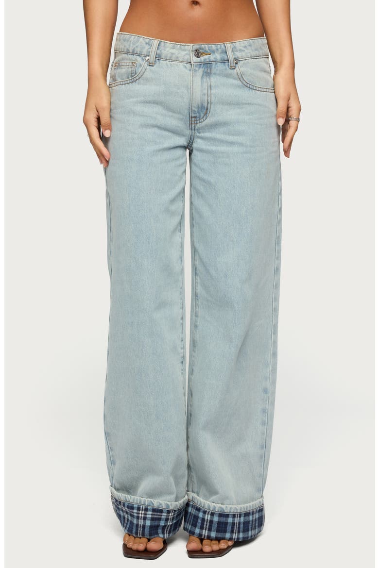 Plaid Low Rise Cuff Wide Leg Jeans, Main, color, LIGHT BLUE WASHED