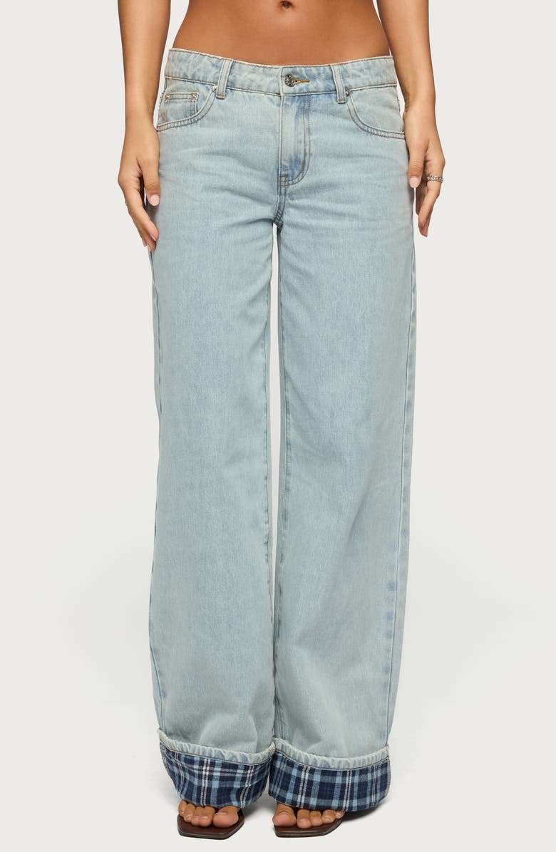 EDIKTED Plaid Low Rise Cuff Wide Leg Jeans, Main, color,