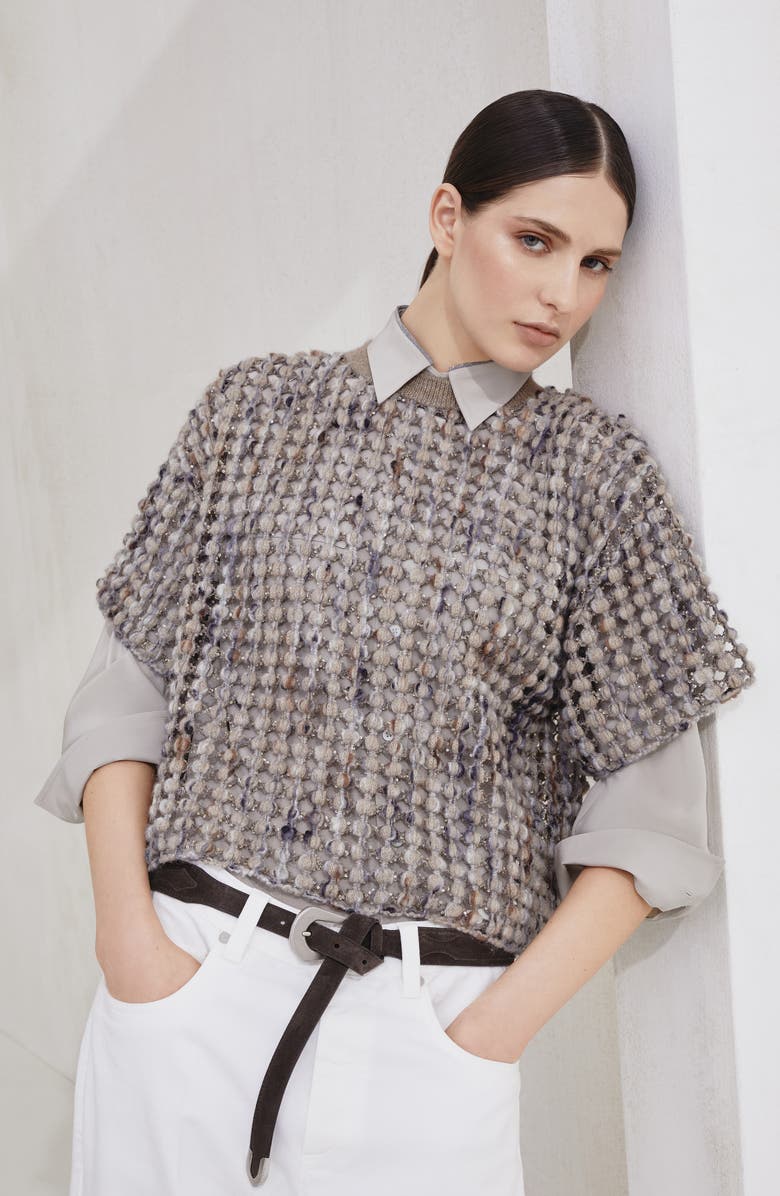 Brunello Cucinelli Balloon net knit T-shirt, Alternate, color, Camel