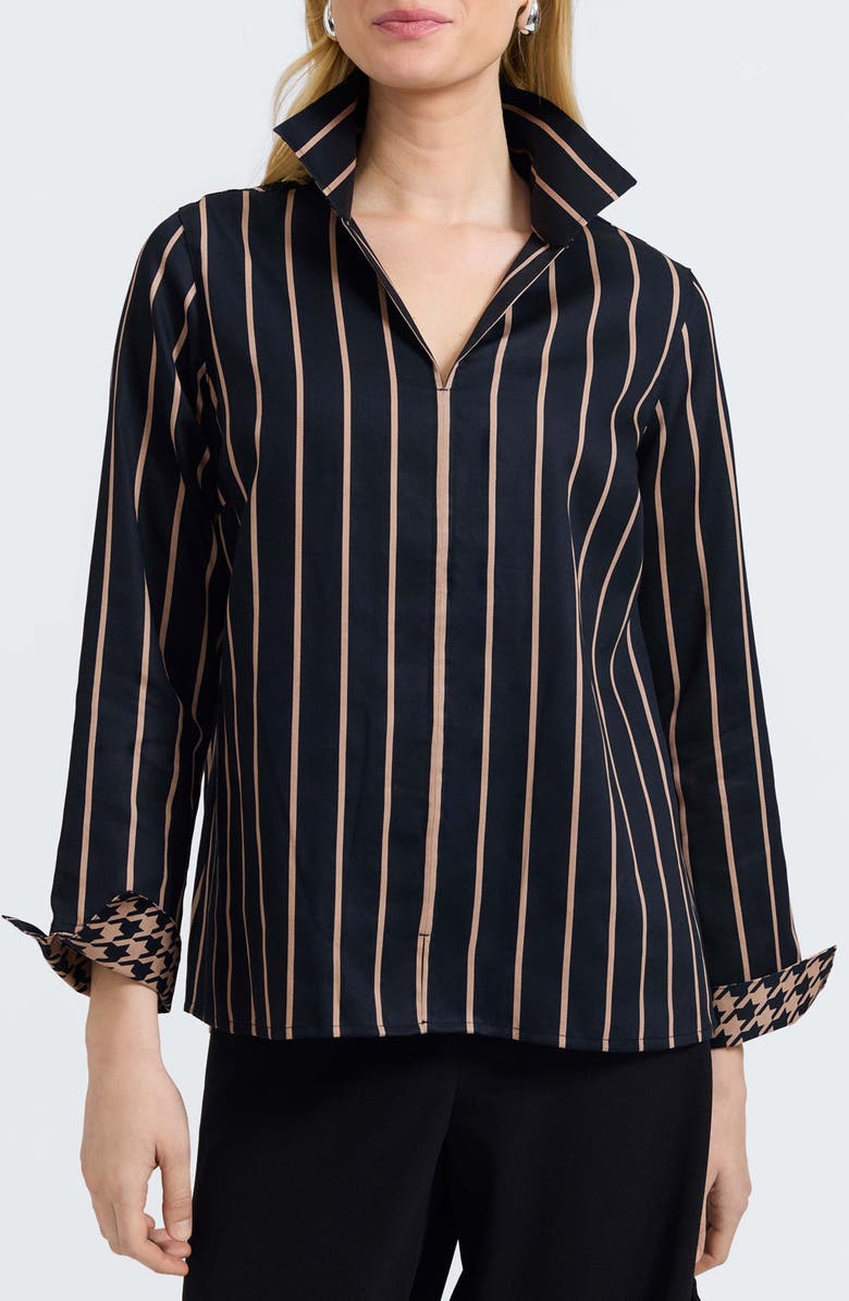 Foxcroft Agnes Stripe Cotton Popover Top, Main, color, Black/ Almond
