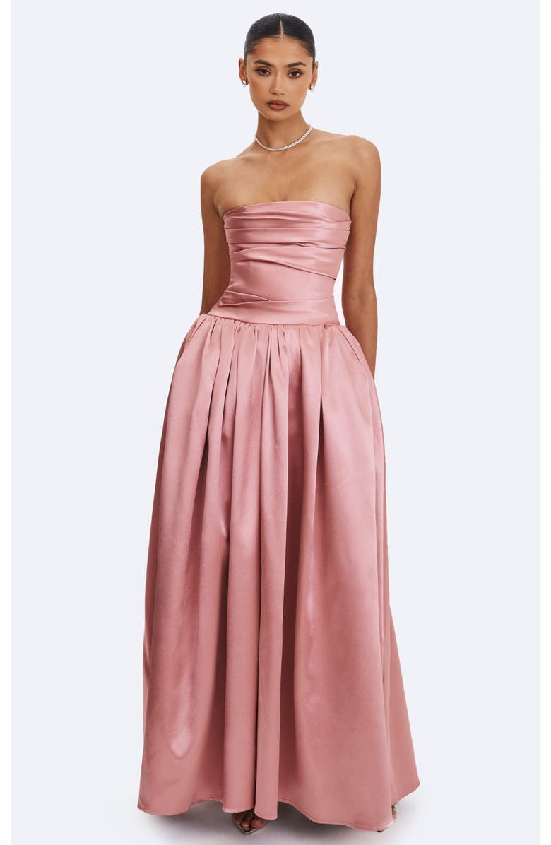 Miss Circle Willette Satin Strapless Gathered Maxi Dress, Main, color, Coral