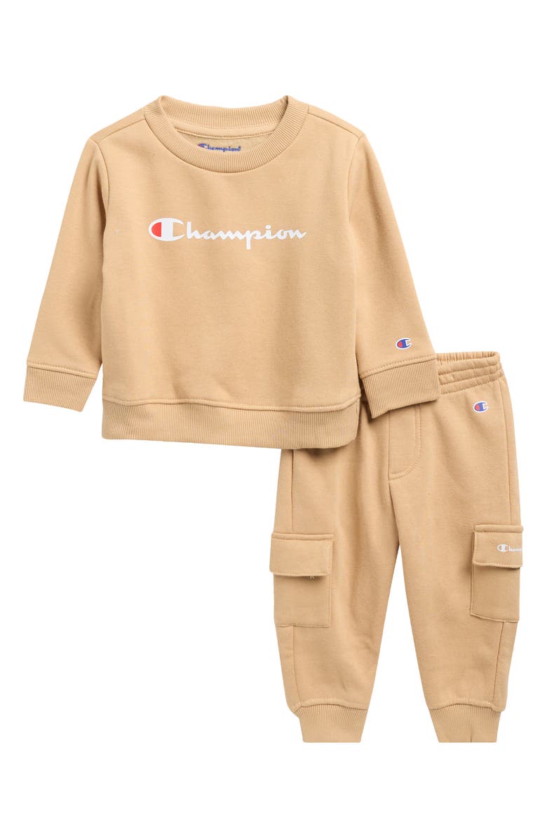 Champion Crewneck Sweatshirt & Fleece Cargo Joggers Set, Main, color, 