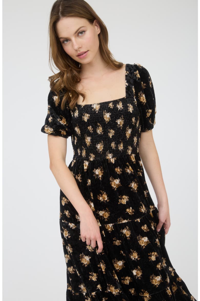 Puff Sleeve Midi Dress, Alternate, color, BLACK MULTI