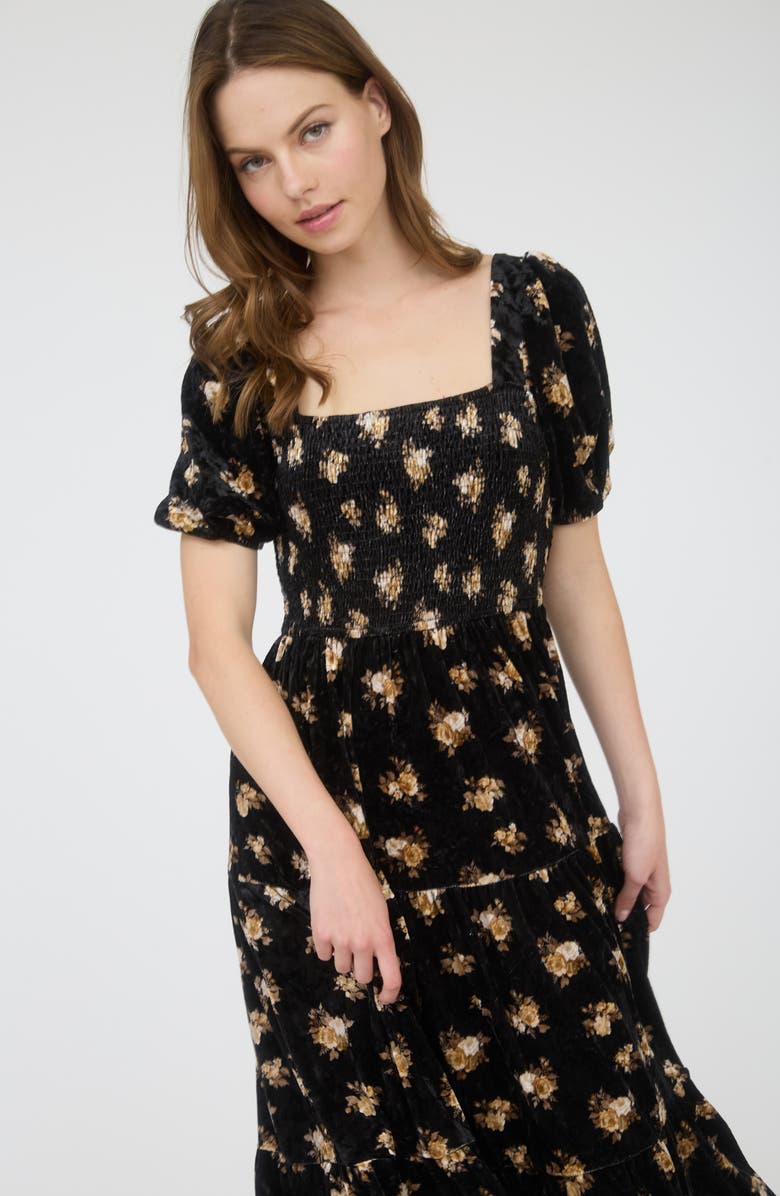 AUGUST SKY Puff Sleeve Midi Dress, Alternate, color, Black Multi