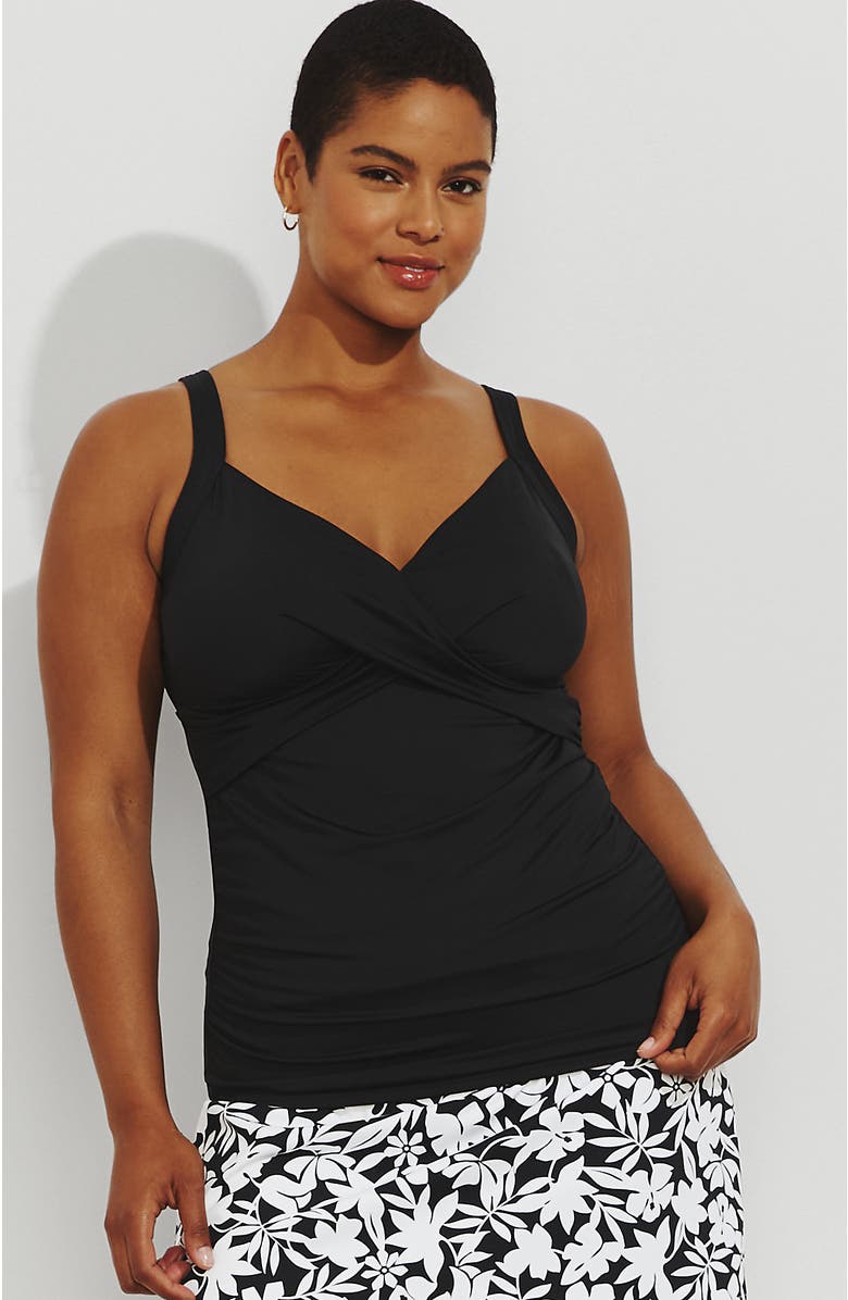Lands' End Chlorine Resistant Tummy Control V-Neck Wrap Underwire Tankini Top Swimsuit, Main, color, Black