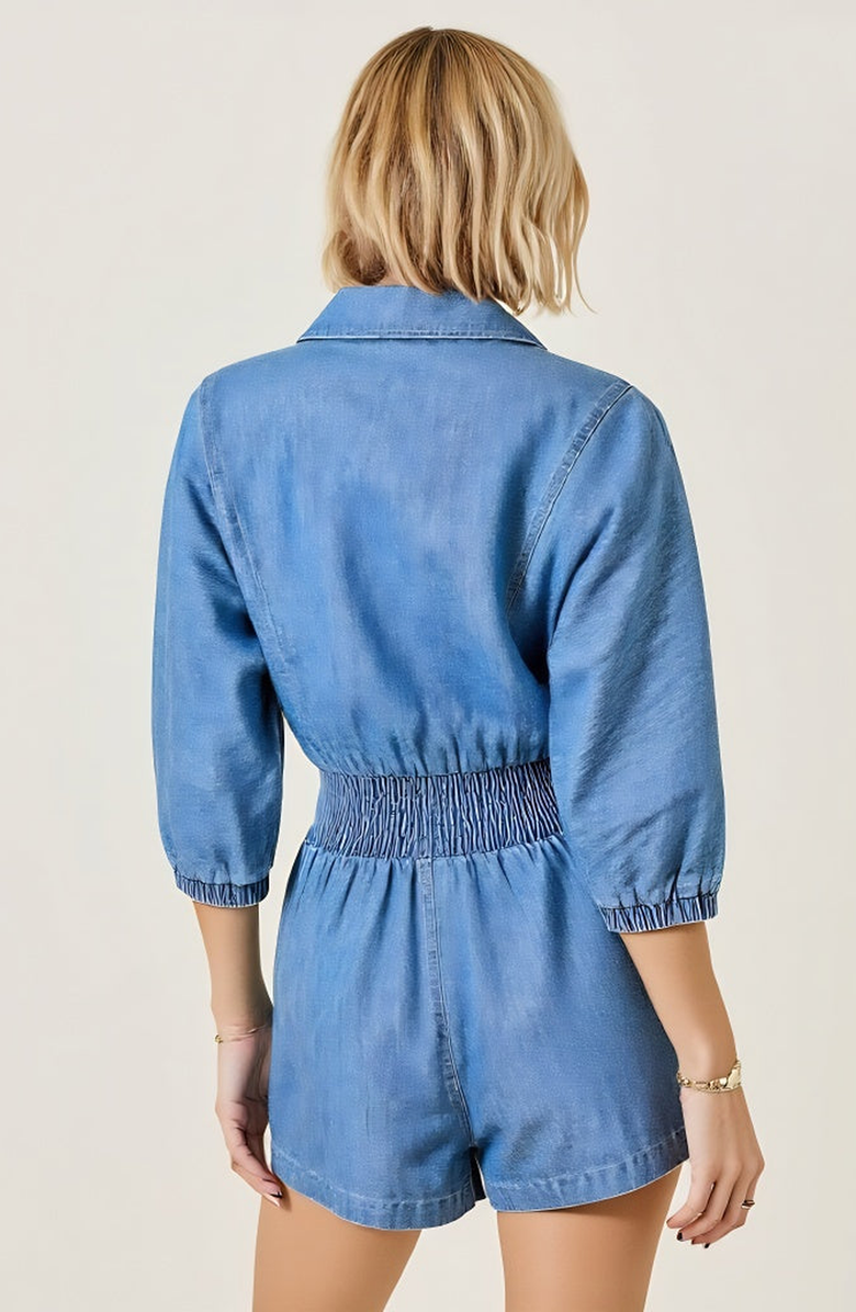 Modenaire Zip Front Romper with Smocked Waist and 3/4 Sleeves, Alternate, color, Blue