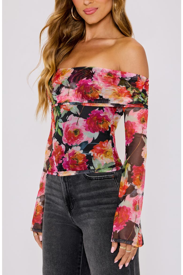 Nikki Floral Print Off the Shoulder Mesh Top, Alternate, color, BLACK FLORAL