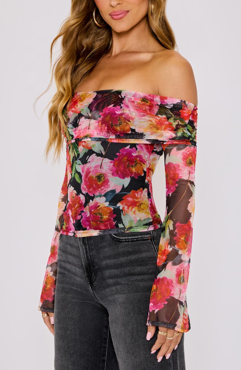 VICI Collection Nikki Floral Print Off the Shoulder Mesh Top, Alternate, color, Black Floral