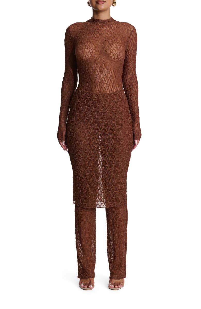 Naked Wardrobe Mock Neck Long Sleeve Lace Bodysuit, Alternate, color, Brown Sugar
