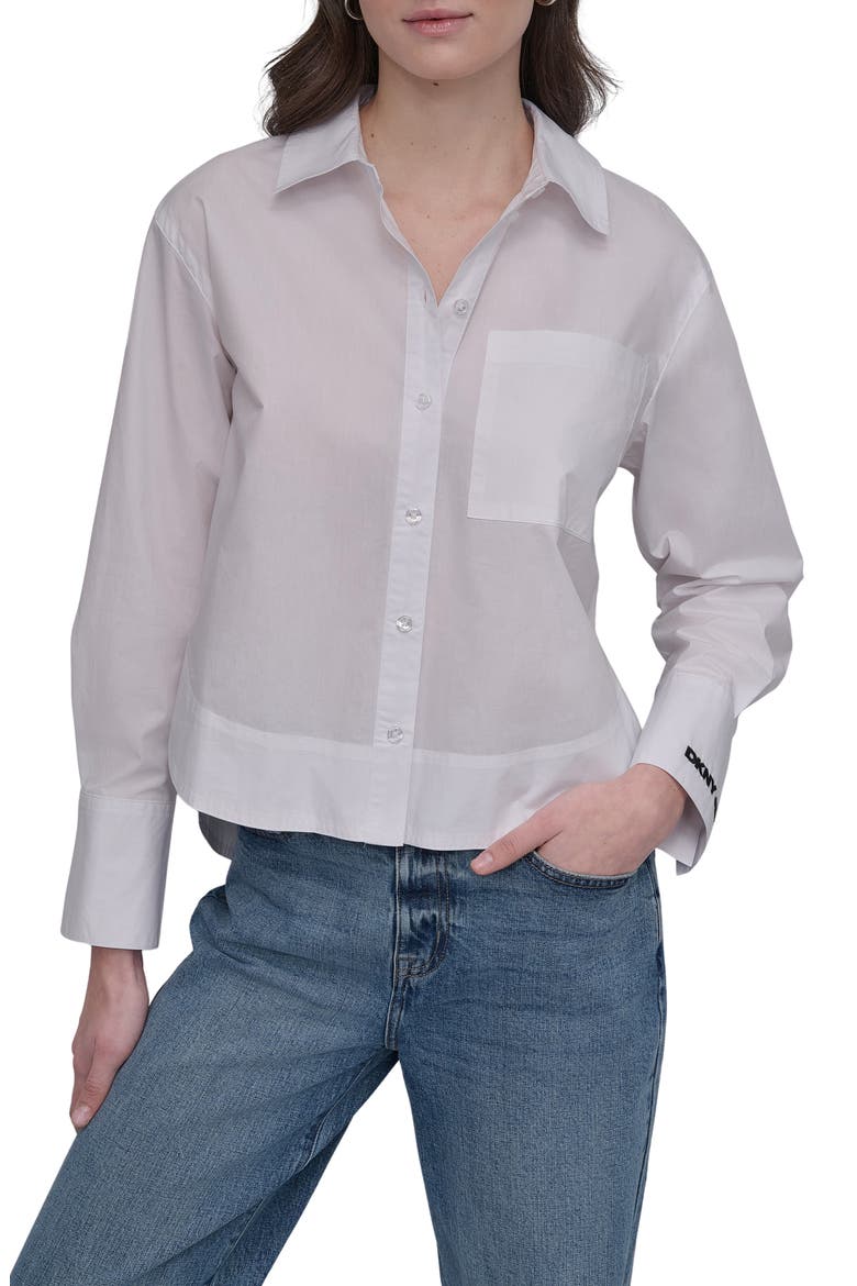 Long Sleeve Cropped Button Up Shirt, Main, color, WHT/ BLACK